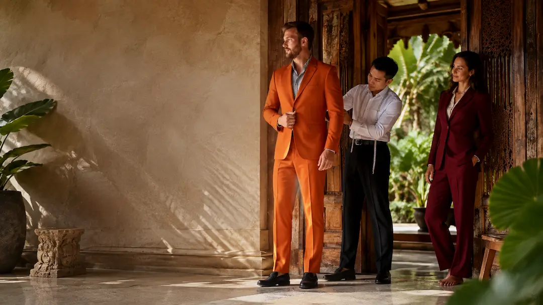 A customer at a final suit fitting session