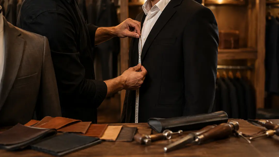 A tailor taking measurements for a custom suit