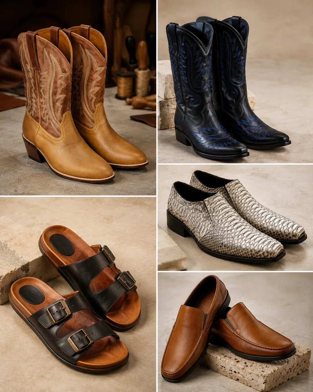 A collection of handmade men's leather footwear