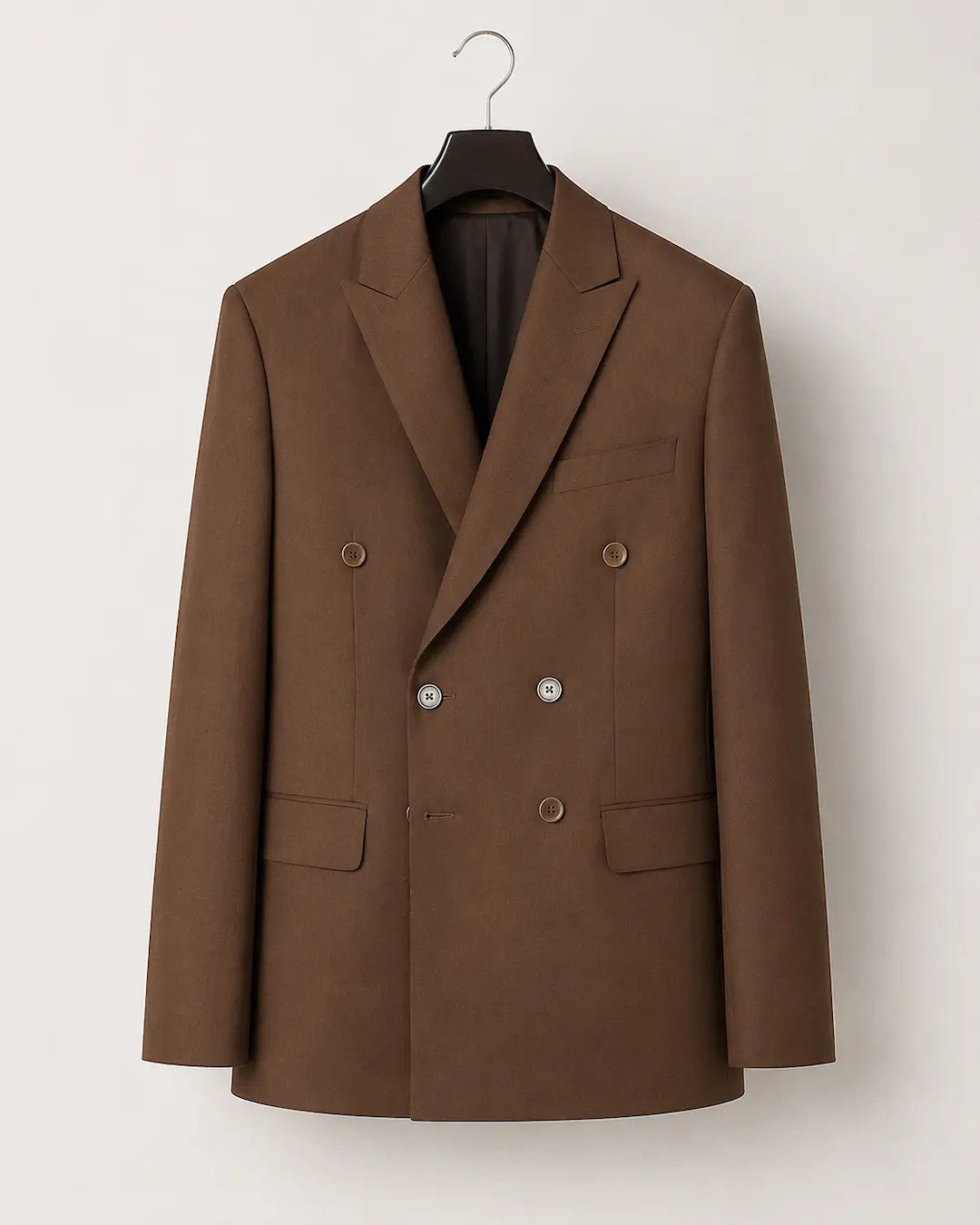 Jacket setelan double-breasted cokelat dibuat sesuai ukuran